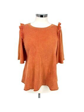 Eri + Ali Anthropologie Ruffle Shoulder Short Sleeve Shirt Orange Size Small